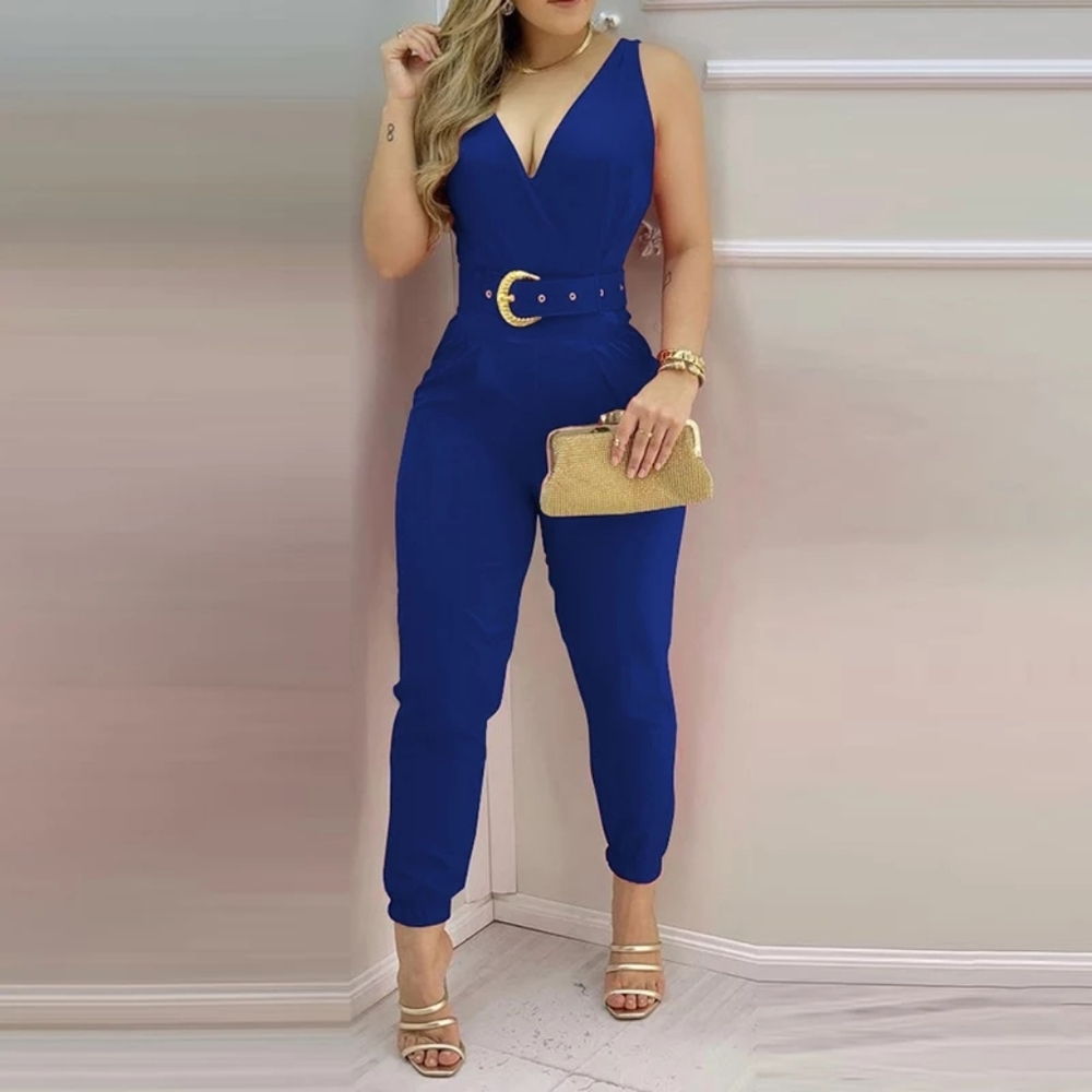 Woman Blue V neck Jumpsuit